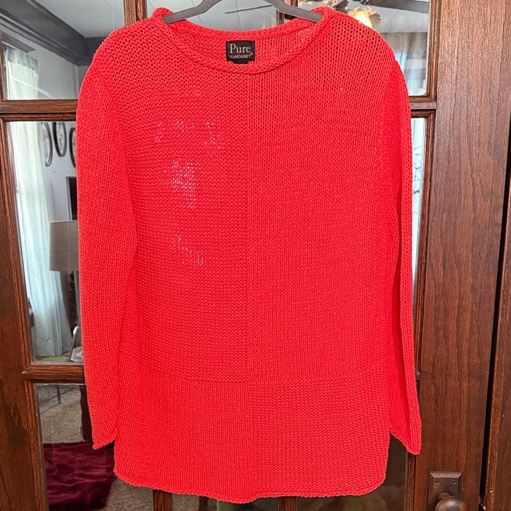Pure Handknit Womens L/XL Coral Red Patchwork Cotton Blend‎ Crew Neck Sweater